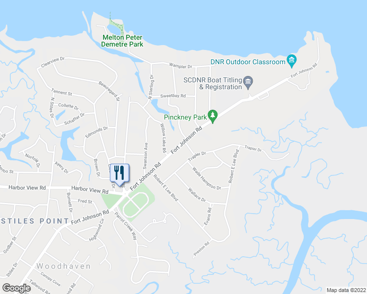 map of restaurants, bars, coffee shops, grocery stores, and more near 777 Bonham Drive in Charleston