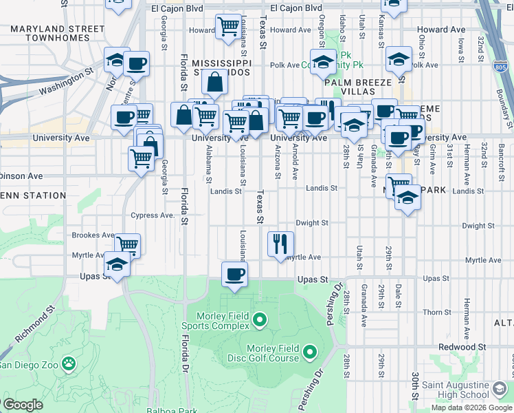 map of restaurants, bars, coffee shops, grocery stores, and more near 3652 Texas Street in San Diego
