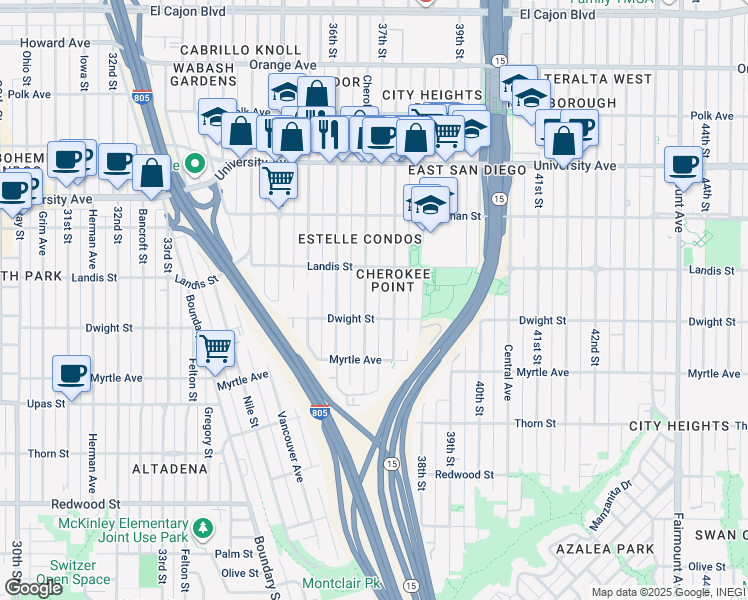 map of restaurants, bars, coffee shops, grocery stores, and more near 3653 Cherokee Avenue in San Diego