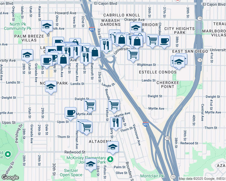 map of restaurants, bars, coffee shops, grocery stores, and more near 3677 Boundary Street in San Diego