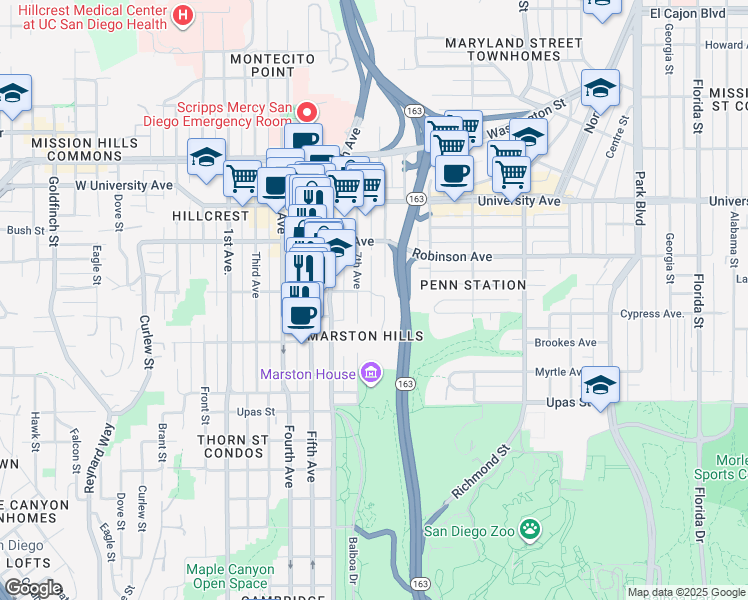 map of restaurants, bars, coffee shops, grocery stores, and more near 725 Pennsylvania Avenue in San Diego