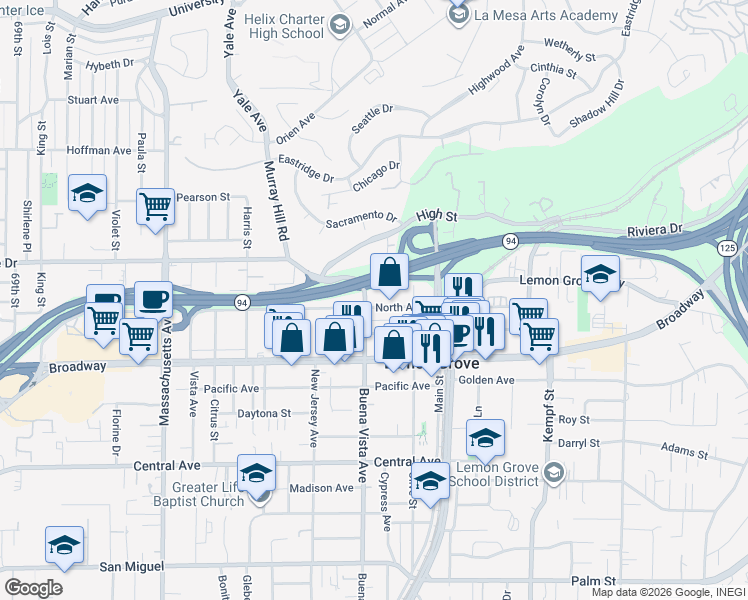 map of restaurants, bars, coffee shops, grocery stores, and more near 7586 North Avenue in Lemon Grove