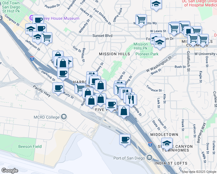 map of restaurants, bars, coffee shops, grocery stores, and more near 1825-27 Titus Street in San Diego