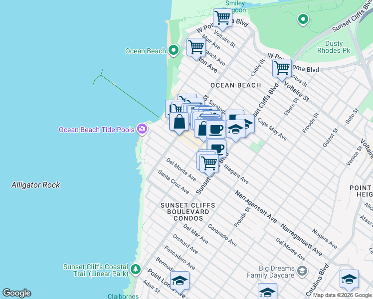 map of restaurants, bars, coffee shops, grocery stores, and more near 4915 Niagara Avenue in San Diego
