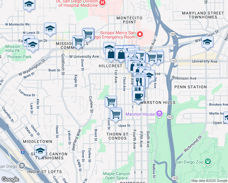 map of restaurants, bars, coffee shops, grocery stores, and more near in San Diego