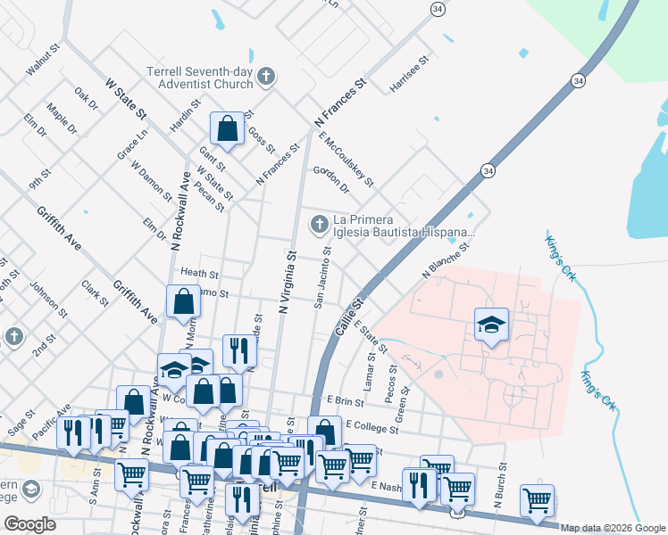 map of restaurants, bars, coffee shops, grocery stores, and more near 406 Greenwood Street in Terrell