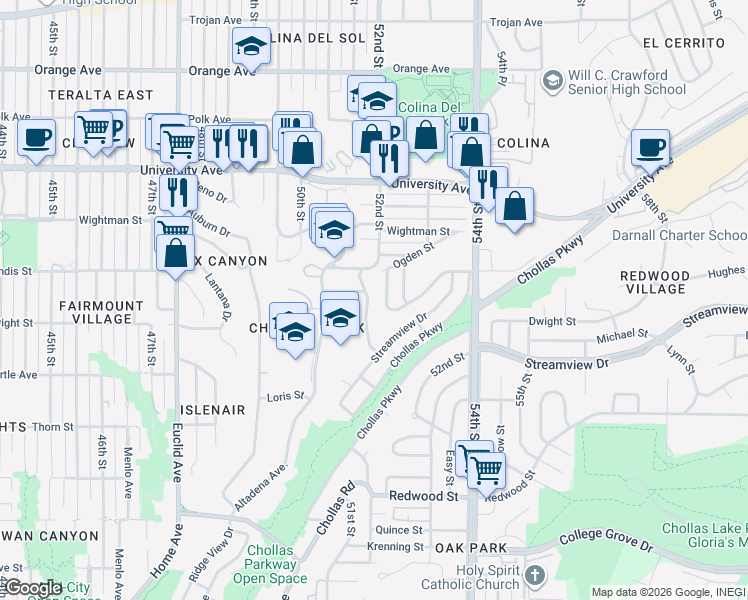 map of restaurants, bars, coffee shops, grocery stores, and more near 3639 Lemona Avenue in San Diego