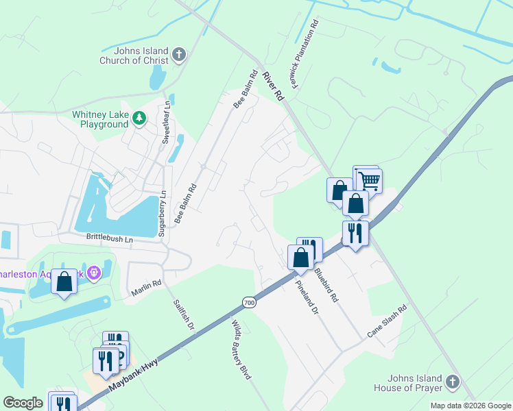 map of restaurants, bars, coffee shops, grocery stores, and more near 8B Stardust Way in Johns Island