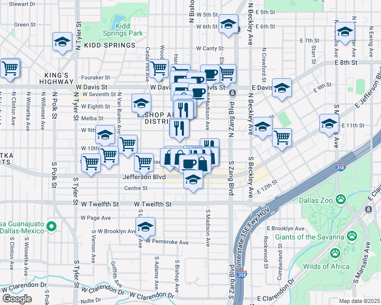 map of restaurants, bars, coffee shops, grocery stores, and more near 334 West 10th Street in Dallas