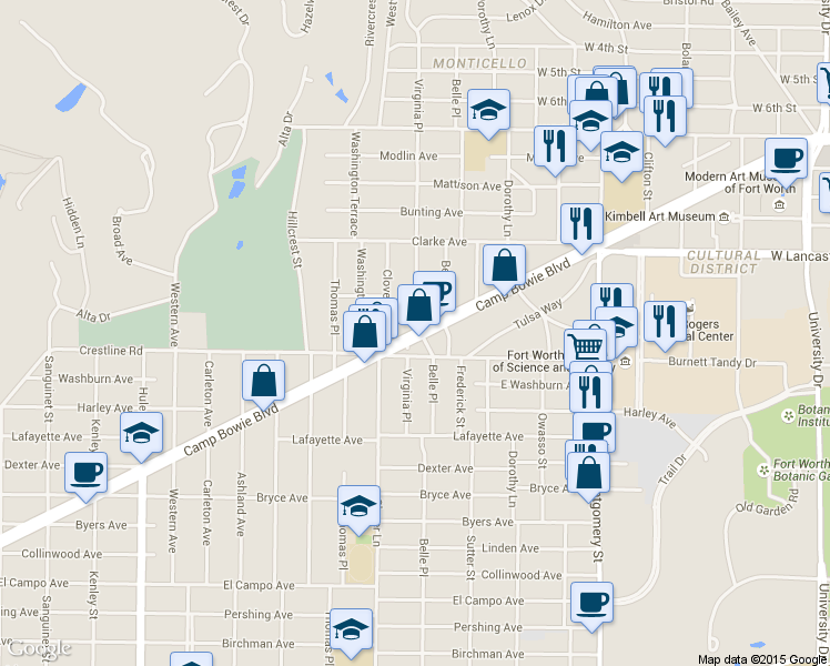 map of restaurants, bars, coffee shops, grocery stores, and more near 4000 Camp Bowie Boulevard in Fort Worth