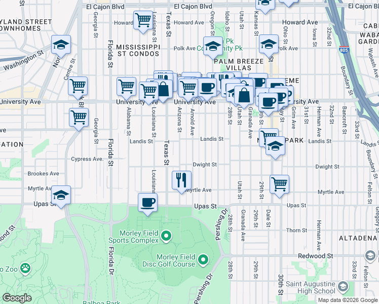 map of restaurants, bars, coffee shops, grocery stores, and more near 3653 Arnold Avenue in San Diego