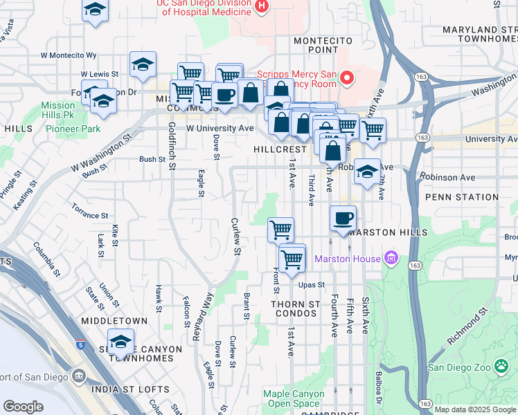 map of restaurants, bars, coffee shops, grocery stores, and more near 3683 Albatross Street in San Diego