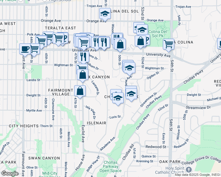 map of restaurants, bars, coffee shops, grocery stores, and more near 4992 Auburn Drive in San Diego