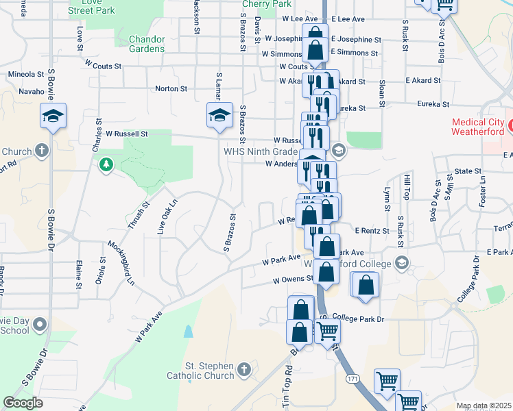 map of restaurants, bars, coffee shops, grocery stores, and more near 224 Rentz Place Circle in Weatherford