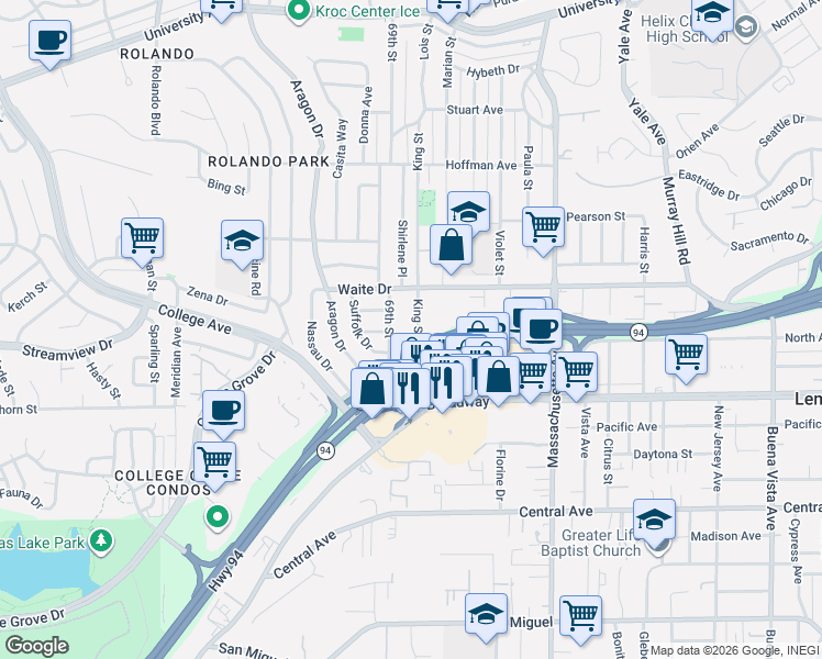map of restaurants, bars, coffee shops, grocery stores, and more near 3663 King Street in La Mesa