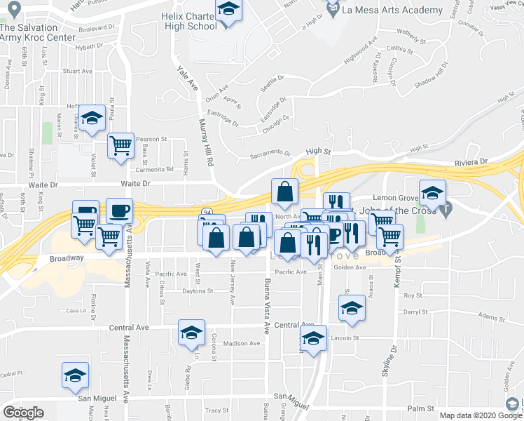 map of restaurants, bars, coffee shops, grocery stores, and more near 7586 North Avenue in Lemon Grove