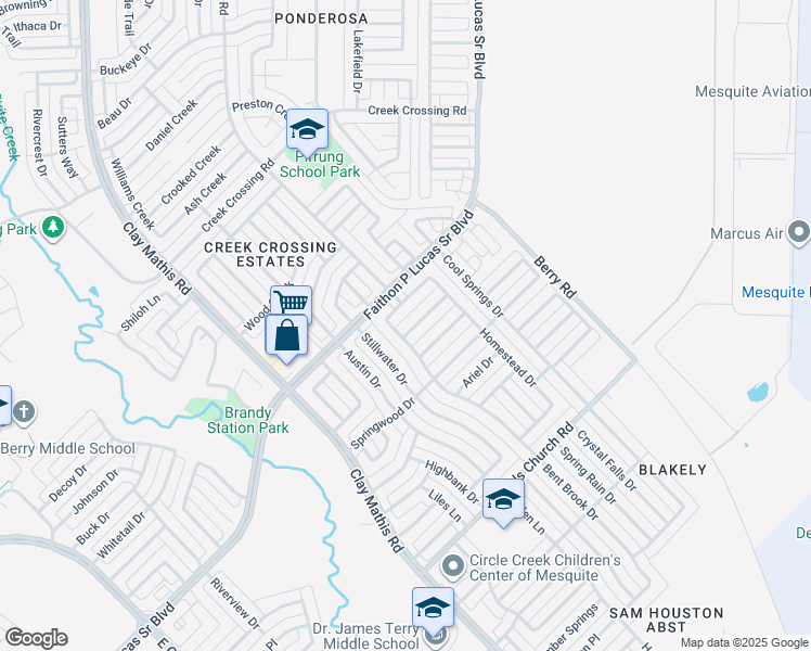 map of restaurants, bars, coffee shops, grocery stores, and more near 1709 Briargrove Drive in Mesquite