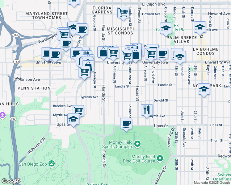 map of restaurants, bars, coffee shops, grocery stores, and more near 3657 Alabama Street in San Diego