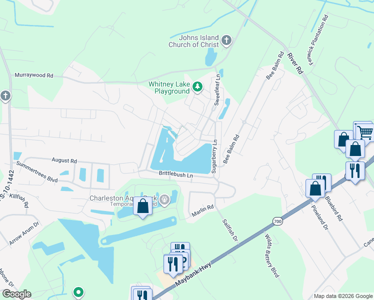 map of restaurants, bars, coffee shops, grocery stores, and more near 3007 Sweetleaf Lane in Johns Island