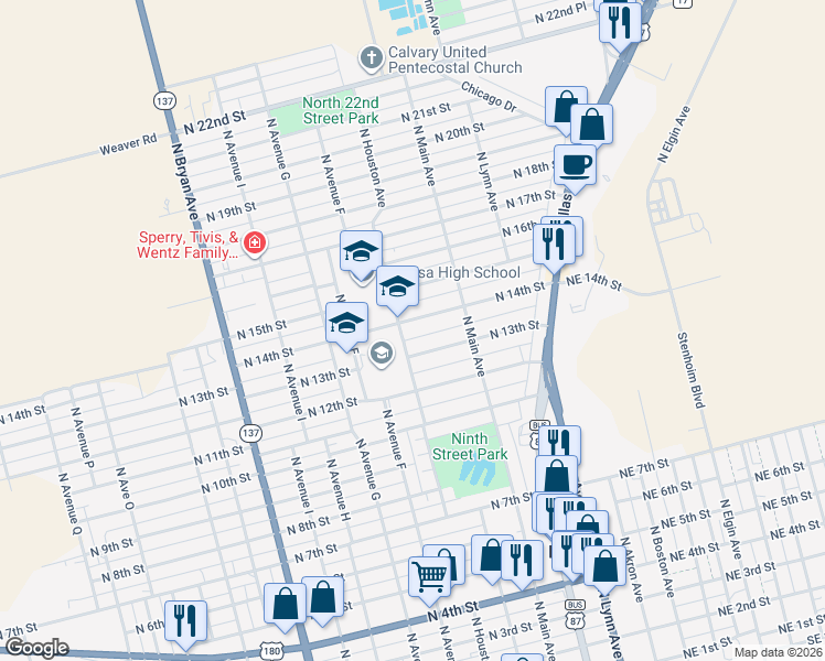 map of restaurants, bars, coffee shops, grocery stores, and more near N Houston Ave in Lamesa