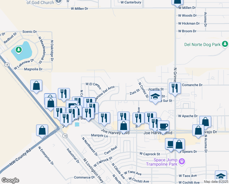 map of restaurants, bars, coffee shops, grocery stores, and more near 4025 Fiesta Dr in Hobbs
