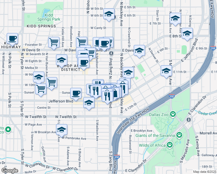 map of restaurants, bars, coffee shops, grocery stores, and more near 206 West 10th Street in Dallas