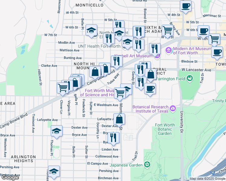 map of restaurants, bars, coffee shops, grocery stores, and more near 3622 Watonga Street in Fort Worth