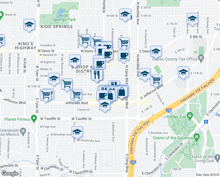 map of restaurants, bars, coffee shops, grocery stores, and more near 302 West 10th Street in Dallas