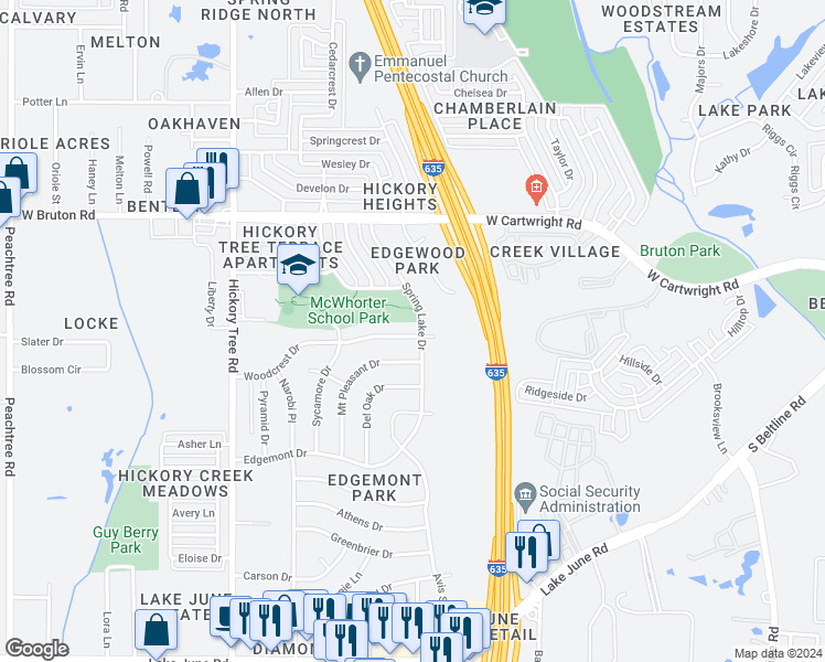 map of restaurants, bars, coffee shops, grocery stores, and more near 1205 Woodcrest Drive in Mesquite