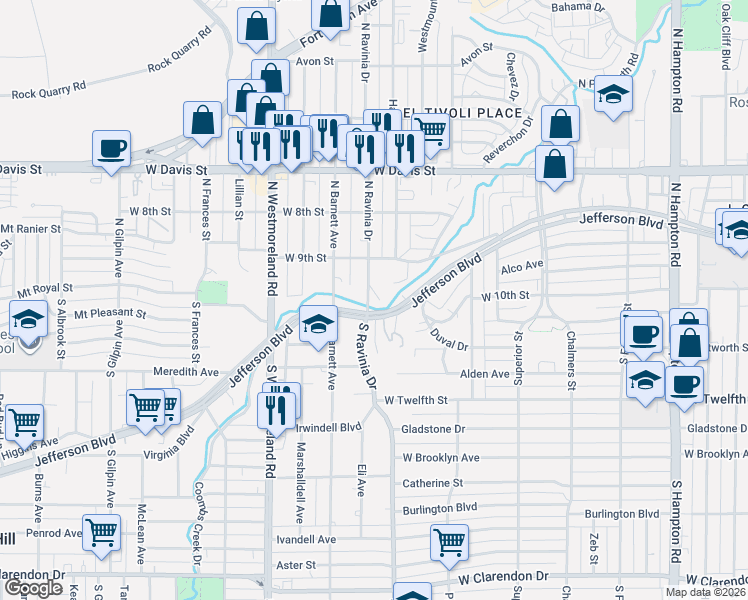 map of restaurants, bars, coffee shops, grocery stores, and more near 11 North Ravinia Drive in Dallas