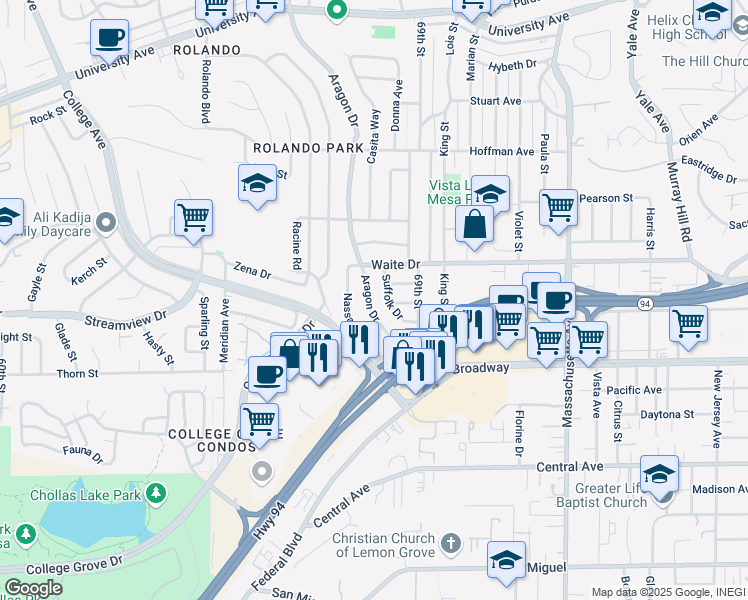 map of restaurants, bars, coffee shops, grocery stores, and more near 3719 Aragon Drive in San Diego