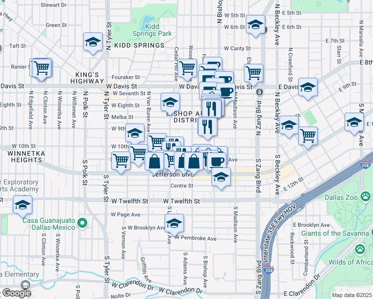 map of restaurants, bars, coffee shops, grocery stores, and more near 510 West 10th Street in Dallas