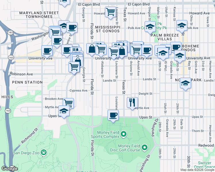 map of restaurants, bars, coffee shops, grocery stores, and more near 3660 Mississippi Street in San Diego