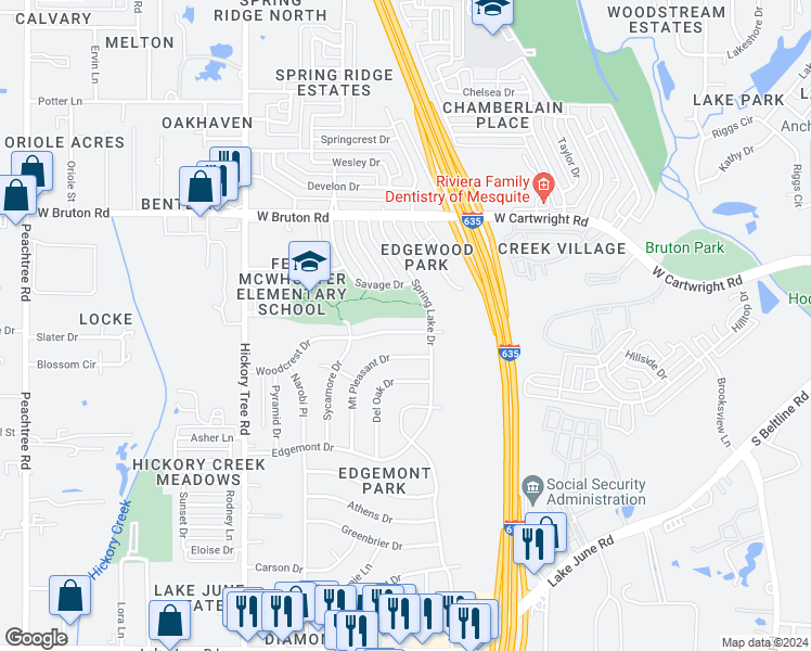 map of restaurants, bars, coffee shops, grocery stores, and more near 1217 Woodcrest Drive in Mesquite
