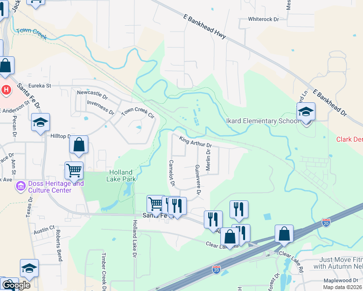 map of restaurants, bars, coffee shops, grocery stores, and more near 104 King Arthur Ct in Weatherford