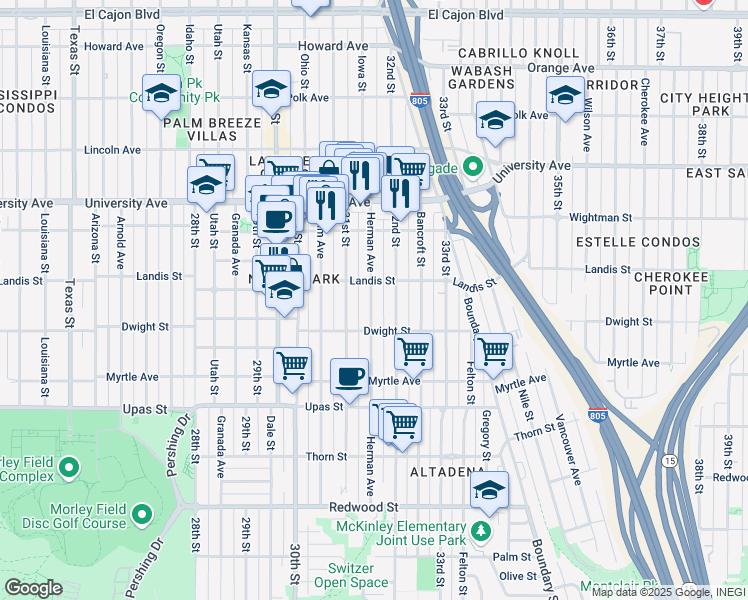 map of restaurants, bars, coffee shops, grocery stores, and more near 3659 Herman Avenue in San Diego