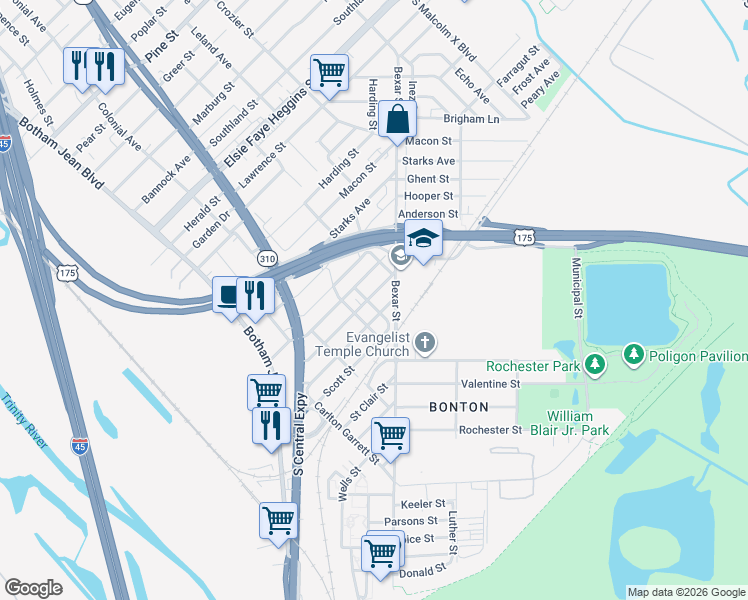 map of restaurants, bars, coffee shops, grocery stores, and more near 2502 Bethurum Avenue in Dallas