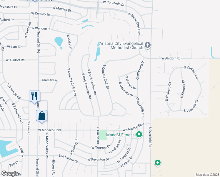 map of restaurants, bars, coffee shops, grocery stores, and more near 14814 South Oakmont Drive in Arizona City