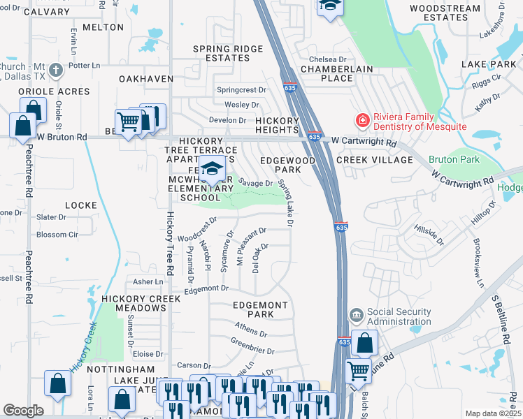 map of restaurants, bars, coffee shops, grocery stores, and more near 1309 Woodcrest Drive in Mesquite