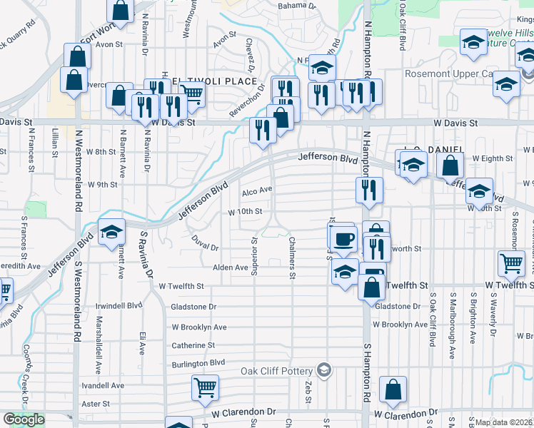 map of restaurants, bars, coffee shops, grocery stores, and more near 103 South Plymouth Road in Dallas