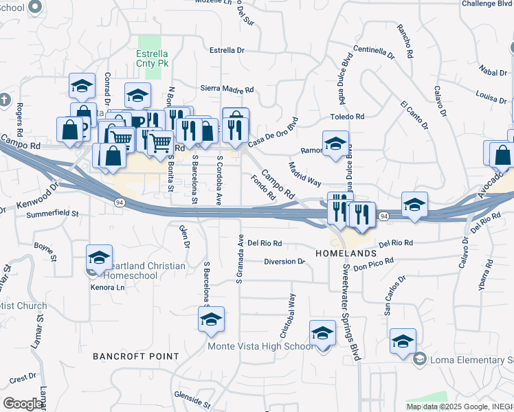 map of restaurants, bars, coffee shops, grocery stores, and more near 10088 Buena Vista Drive in Spring Valley