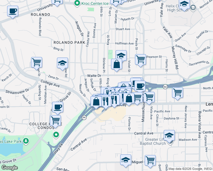map of restaurants, bars, coffee shops, grocery stores, and more near 3663 King Street in La Mesa