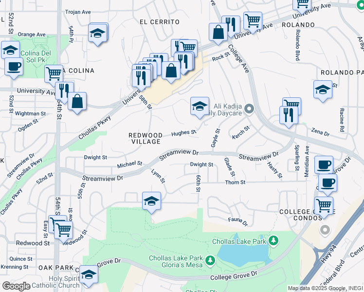 map of restaurants, bars, coffee shops, grocery stores, and more near 5908 Streamview Drive in San Diego