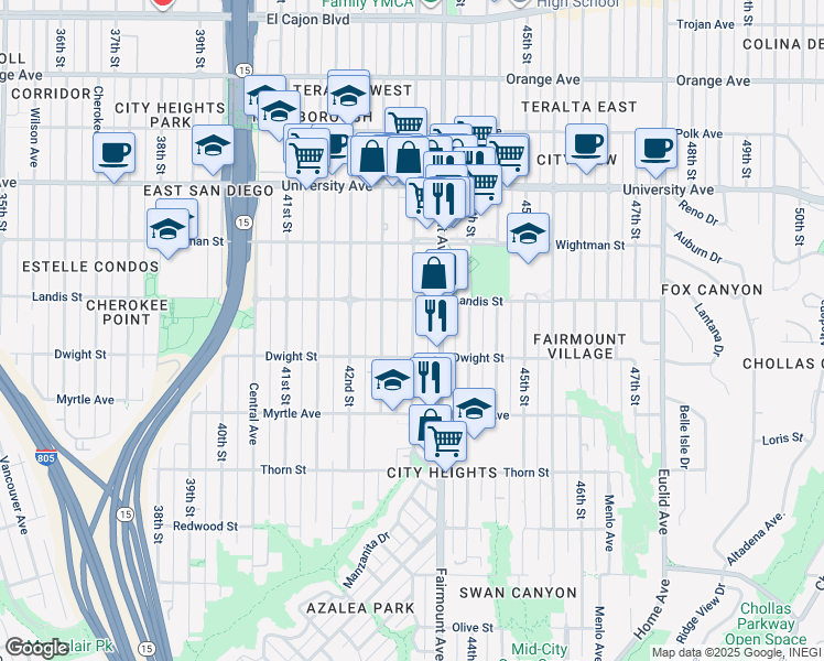 map of restaurants, bars, coffee shops, grocery stores, and more near 3645 43rd Street in San Diego