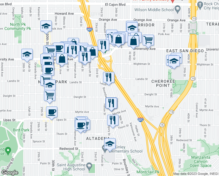 map of restaurants, bars, coffee shops, grocery stores, and more near 3677 Boundary Street in San Diego