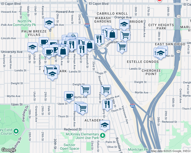 map of restaurants, bars, coffee shops, grocery stores, and more near 3668 33rd Street in San Diego