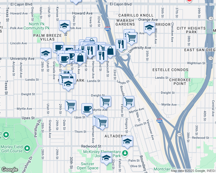 map of restaurants, bars, coffee shops, grocery stores, and more near 3667 32nd Street in San Diego