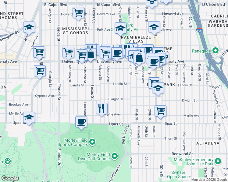 map of restaurants, bars, coffee shops, grocery stores, and more near 3653 Arnold Avenue in San Diego