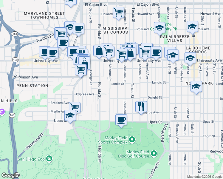 map of restaurants, bars, coffee shops, grocery stores, and more near 3674 Alabama Street in San Diego