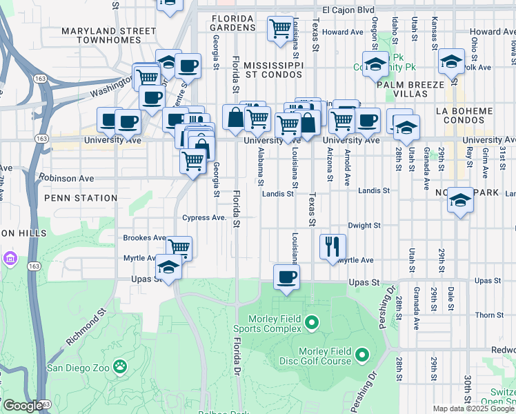 map of restaurants, bars, coffee shops, grocery stores, and more near 3674 Alabama Street in San Diego